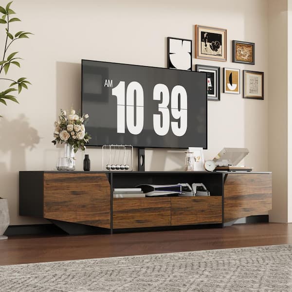FUFU&GAGA Black and Wood Grain Wooden TV Stand Entertainment Center Fits TV's Up to 95 in. with 2-Drawers 2-Doors and 1-Open Shelf