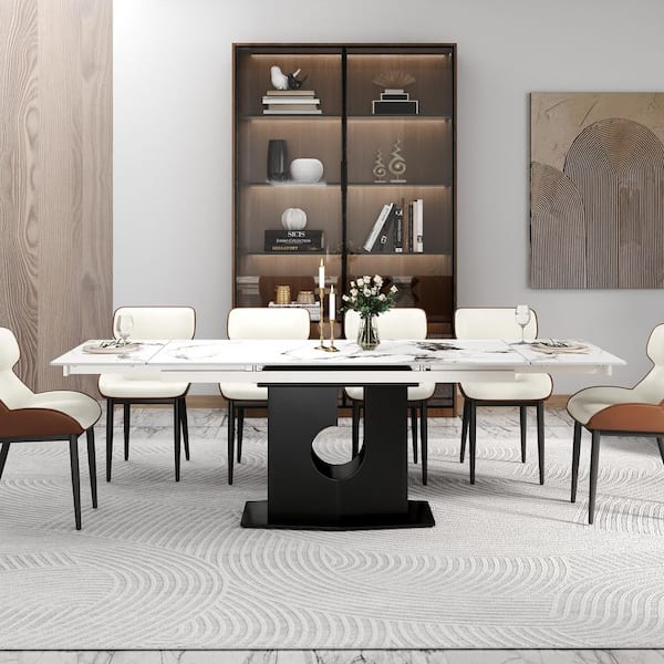63 in. to 94 in. Rectangle Modern Ink Sintered Stone Extendable Pedestal Dining Table Stainless Steel Base (Seats 10+)