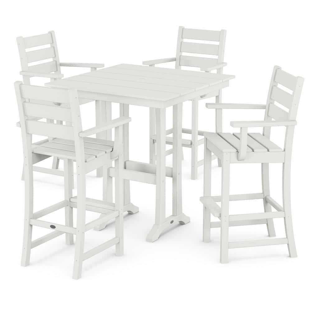 POLYWOOD Grant Park White 5-Piece HDPE Plastic Arm Chair Farmhouse Trestle Bar Set -  PWS2394-1-WH