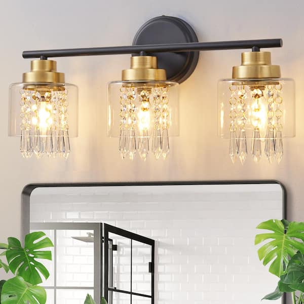 Deyidn 20 in. 3-Light Black and Gold Vanity Light with Crystal Clear Glass Shade