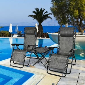 Metal Outdoor Lounge Zero Gravity Chairs in Gray Seat with 1 Side Table (2-Pack)