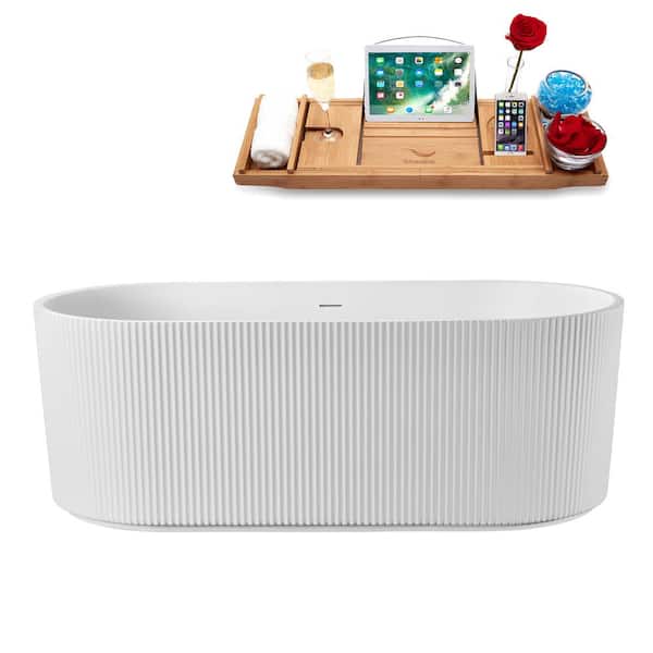 Streamline 67 in. x 32 in. Acrylic Freestanding Soaking Bathtub in Glossy White with Matte Oil Rubbed Bronze Drain, Bamboo Tray