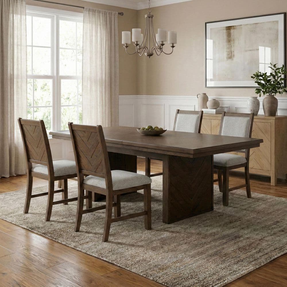 Reese 5-Piece Rustic Chevron Rectangle Dark Walnut Wood Top Extendable Dining Room Set Seats-4