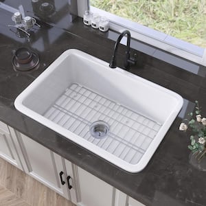 32 in. Undermount Kitchen Sink Single Bowl Rectangular Sink White Fireclay Kitchen Sinks Drop In Sink with Basin Rack
