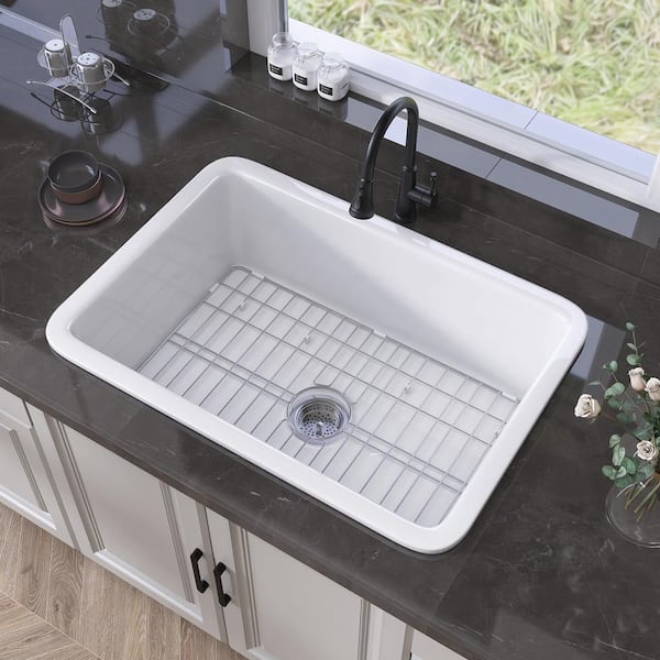 NTQ 32 in. Undermount Kitchen Sink Single Bowl Rectangular Sink White Fireclay Kitchen Sinks Drop In Sink with Basin Rack