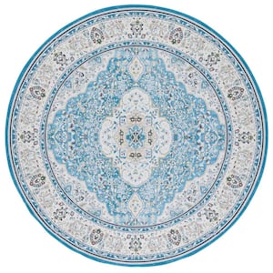 Tuscon Turquoise/Beige 6 ft. x 6 ft. Machine Washable Floral Border Round Area Rug