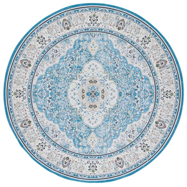 SAFAVIEH Tuscon Turquoise/Beige 6 ft. x 6 ft. Machine Washable Floral Border Round Area Rug
