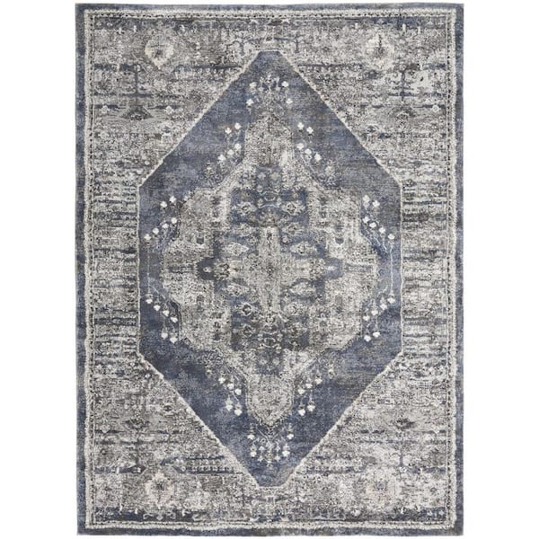 4 ft. x 6 ft. Blue Floral Power Loom Distressed Area Rug