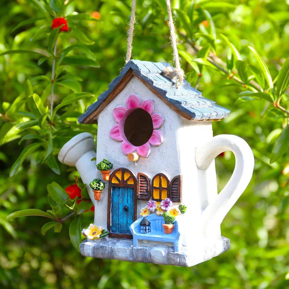 Multi-Colored Resin Watering Can Hanging Bird House with Flower Design