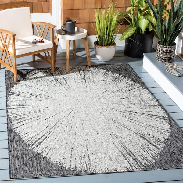 Courtyard Gray/Black 2 ft. x 4 ft. Floral Abstract Indoor/Outdoor Area Rug