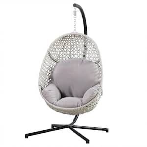 Beige Metal Large Patio Swing Hanging Egg Chair with Light Gray Cushion and C-Stand