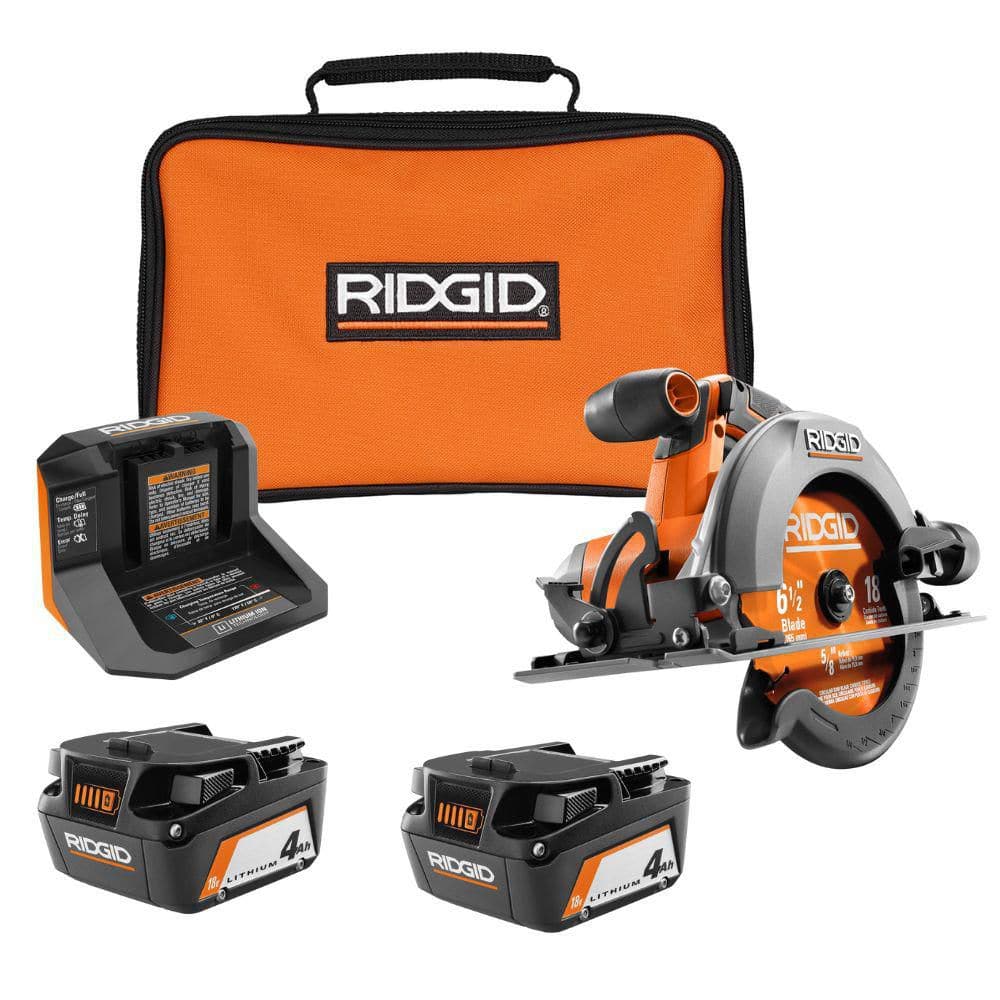 RIDGID 18V 4.0 Ah Battery (2-Pack) with Charger, Bag, and 18V Cordless 6-1/2 in. Circular Saw (R93044R8655)