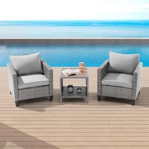 3-Piece Gray Wicker Patio Outdoor Single Sofa Set Set with Side Table Linen Grey Cushion