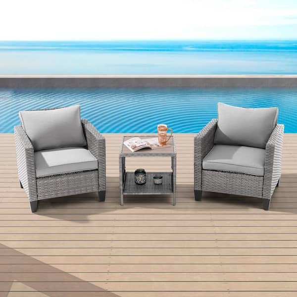 3-Piece Gray Wicker Patio Outdoor Single Sofa Set Set with Side Table Linen Grey Cushion