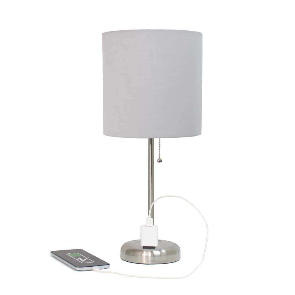19.5" Gray Brushed Steel Stick Table Lamp with Charging Outlet