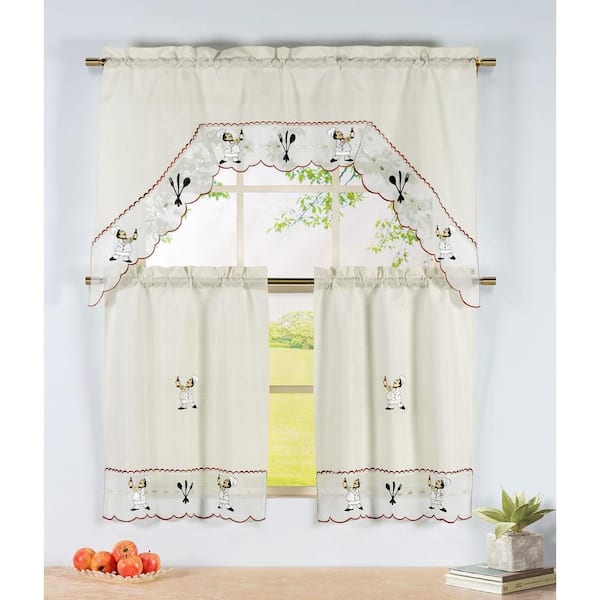 Window Elements Semi-Opaque Wine Chef Embroidered 3-Piece Kitchen Curtain Tier and Valance Set