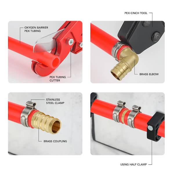 PEX Plumbing Kit - Crimper, Cutter Tool with Lock Hook, 1/2 in. Elbow Cinch and Half Clamp PEX Plumbing Kit - Crimper, Cutter Tool with Lock Hook, 1/2 in. Elbow Cinch and Half Clamp