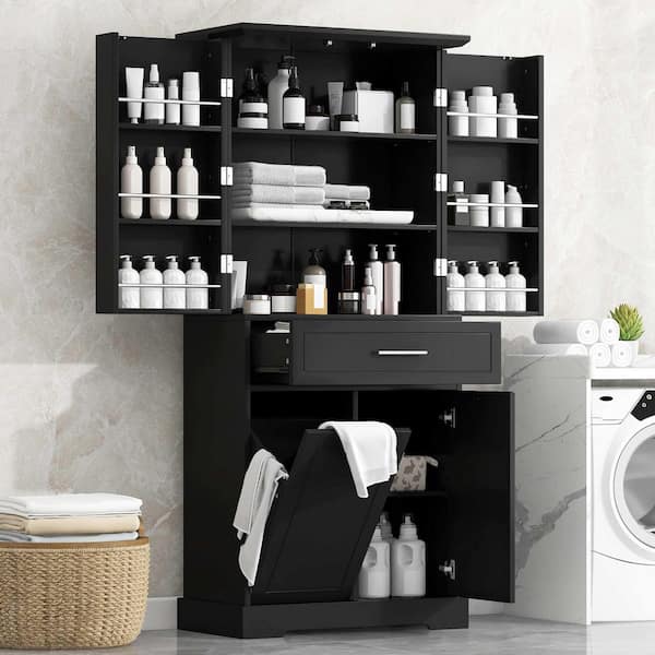Black 72.6 in. H Accent Cabinet, Bathroom Storage Cabinet w/ Tilt-Out Laundry Hamper, Adjustable Shelf, Drawer and Door
