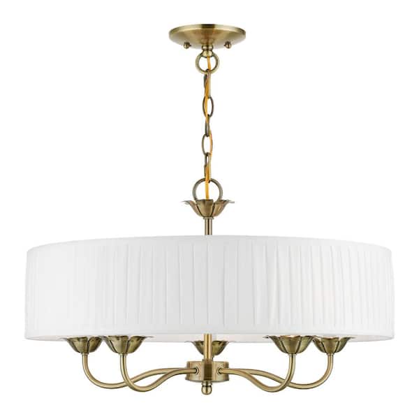 AVIANCE LIGHTING Northbrook 5-Light Antique Brass Pendant Chandelier with Pleated Off-White Fabric Shade