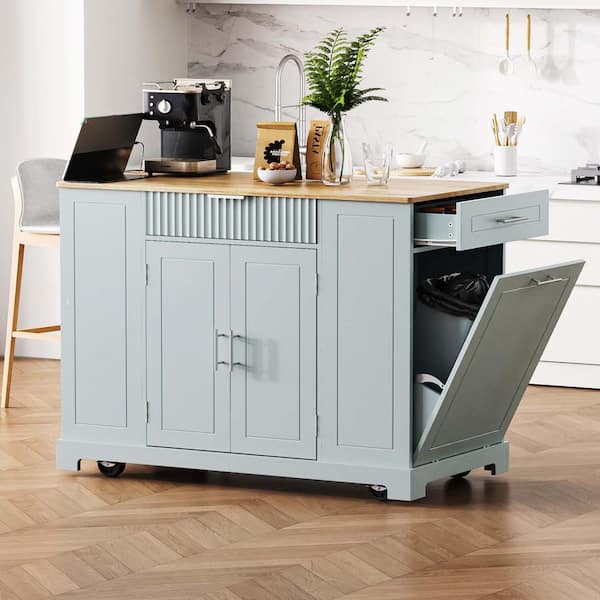XUJMK Gray Wood 49 in. Kitchen Island with Trash Can Storage