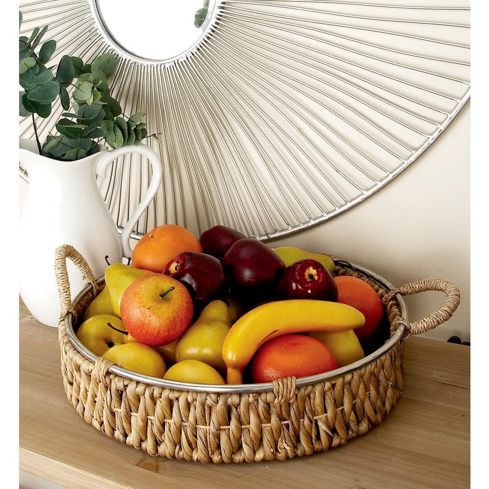 20" Round Natural Seagrass Woven Storage Basket Set with Metal Ring Handles