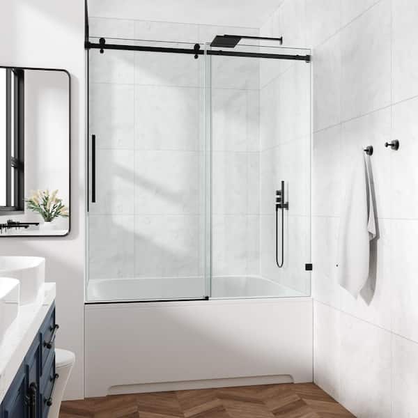 60 in. W x 76 in. H Hinge Frameless Shower Door in Matter Black Finish Clear Glass Soft-closing Silent Door Bath Panel