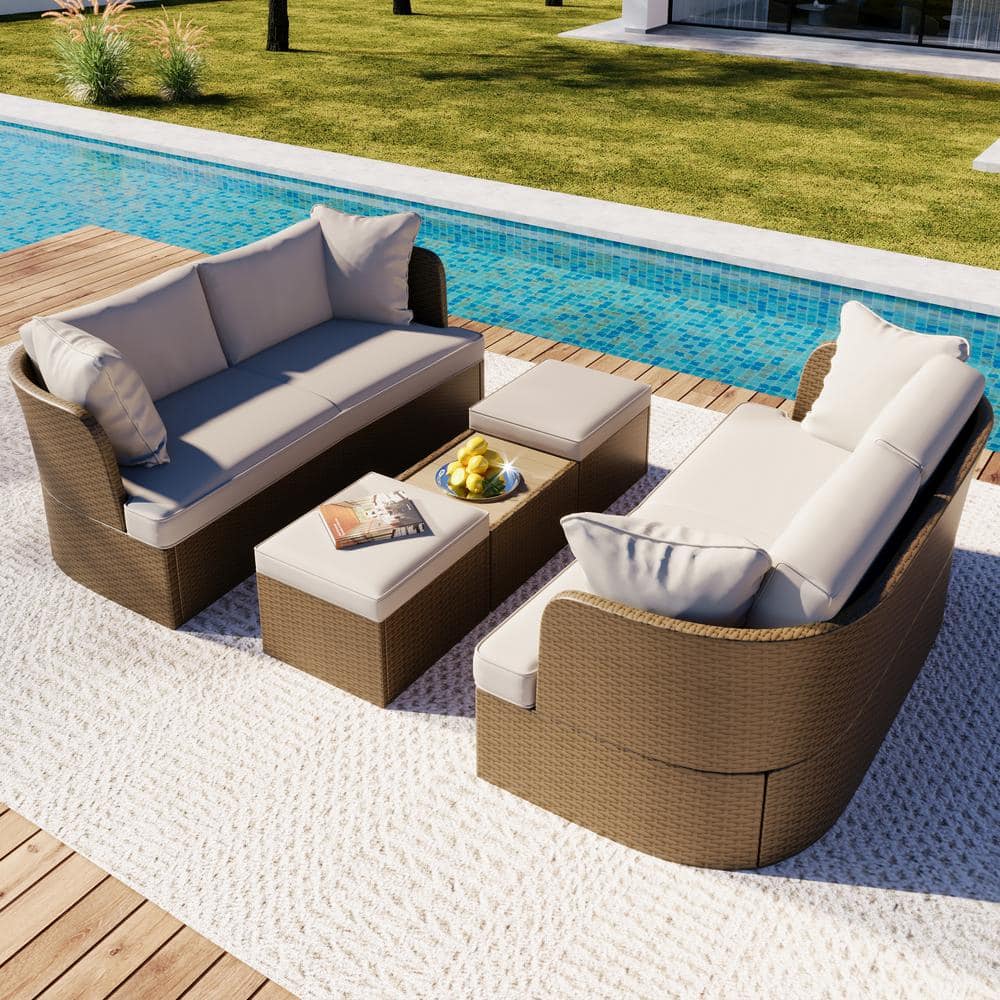 Zeus & Ruta Brown Wicker Outdoor Sectional Set with Beige Cushions ...