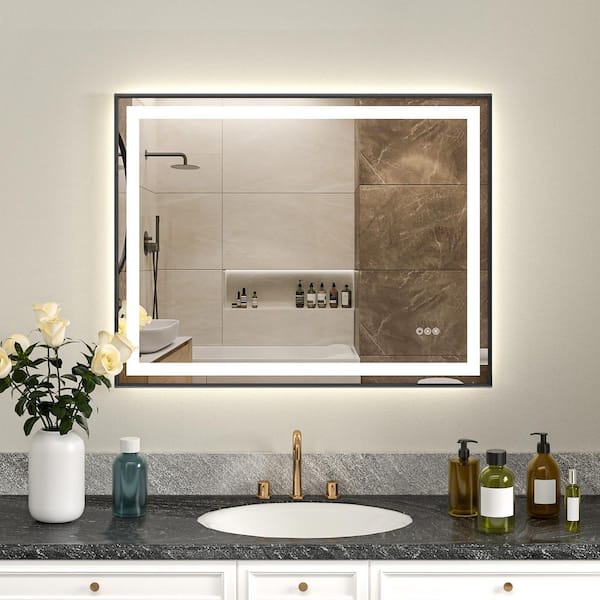 WOODSAM 48 in. W x 40 in. H Rectangular Aluminum Framed Anti-Fog LED Lighted Wall Bathroom Vanity Mirror in Brushed Black