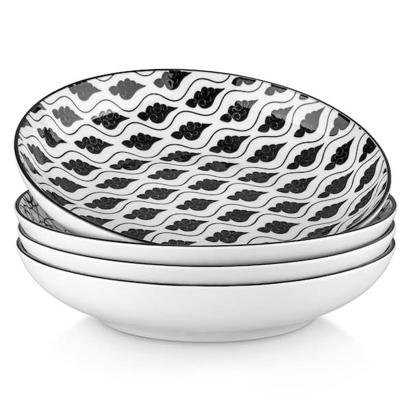 32 fl. oz. Black and White Porcelain Pasta Bowls Set of 4 Soup Bowls Salad Bowls Serving Bowls