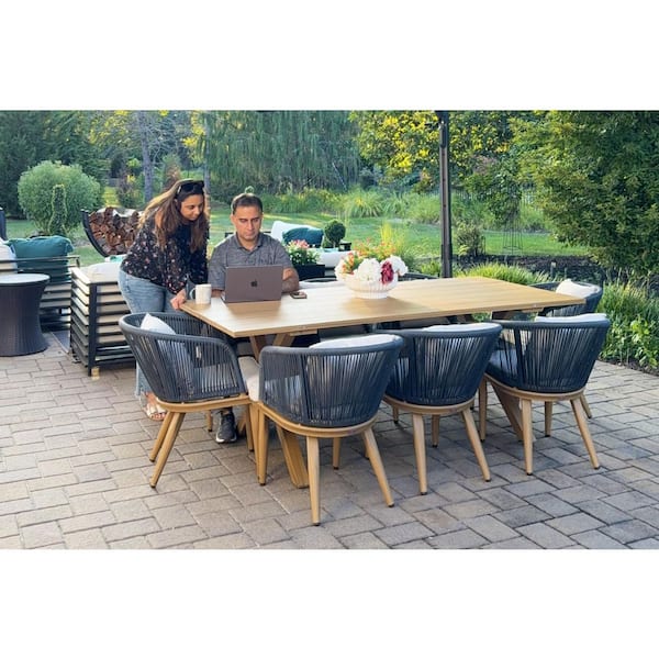 Teak-Finish 9-Piece Wicker Square Aluminum Frame Outdoor Dining Set and Pillows with Beige Cushions