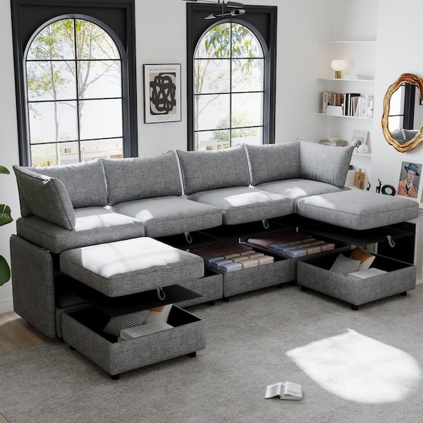 Convertible Modular 129 in 6 Piece Chenille Sectional Sofa in. Gray with Storage Seats, Ottomans, Sleeper Sofa