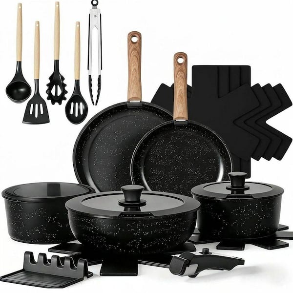 21-Piece Aluminum Nonstick Cookware Set in Black, Detachable Handle, Induction Ready, Oven Safe, Space Saving