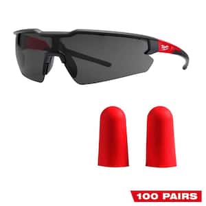 Tinted Safety Glasses Anti-Scratch Lenses and Red Disposable Earplugs (100-Pack) with 32 dB Noise Reduction Rating