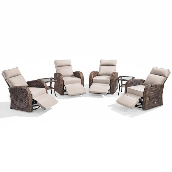 6-Piece PE Rattan Wicker Swivel Outdoor Recliner Lounge Chair Adjustable Backrest with Beige Cushions, Side Table