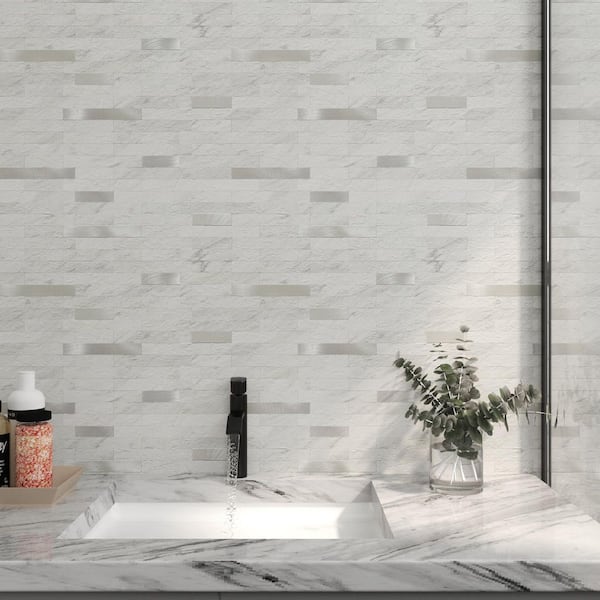 11.6 in. x 5.9 in. Peel and Stick Backsplash White Marble with Metal Silver Look PVC Wall Tiles for Kitchen (20-Pack)