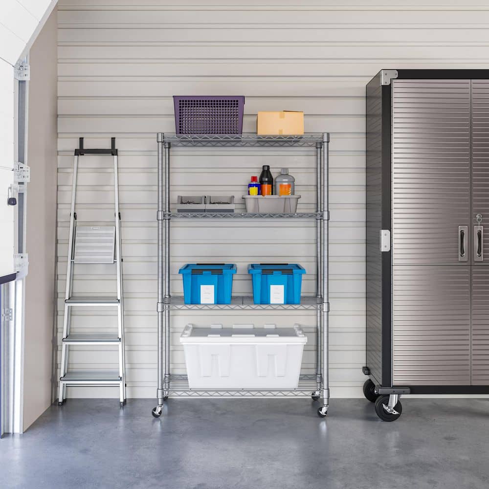 Adjustable Silver Steel Wire Shelving Unit with Wheels