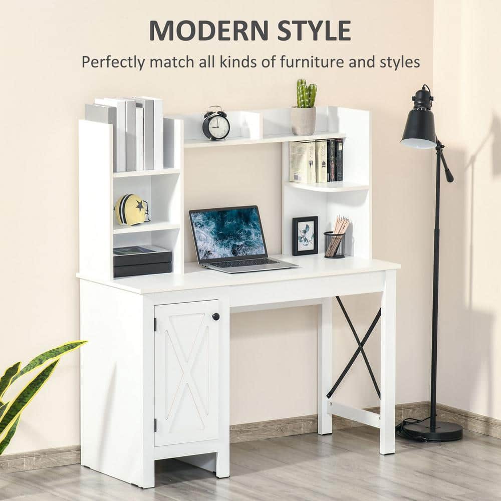 Farmhouse White 99cm Wood Computer Desk with Hutch and Filing Cabinet