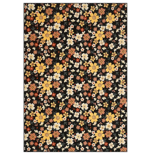 Black 8 ft. x 10 ft. ft. Farmhouse Color Floral Low Pile Non-Shedding for Living Room Bedroom Area Rug