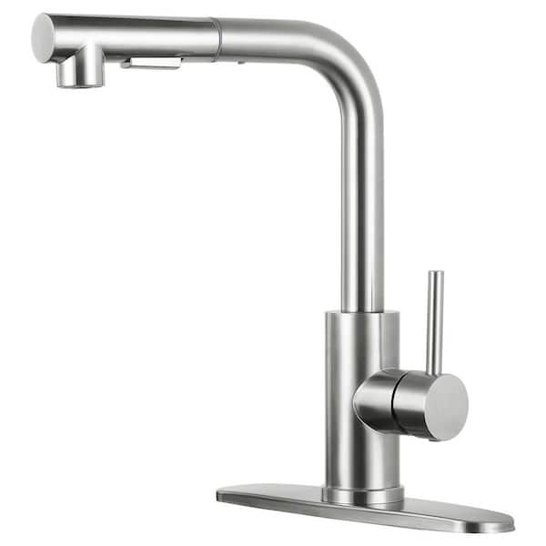 Brushed Nickel 12 in. H Pull Out Sprayer Kitchen Faucet with 360° Spout Swivel Deckplate Included