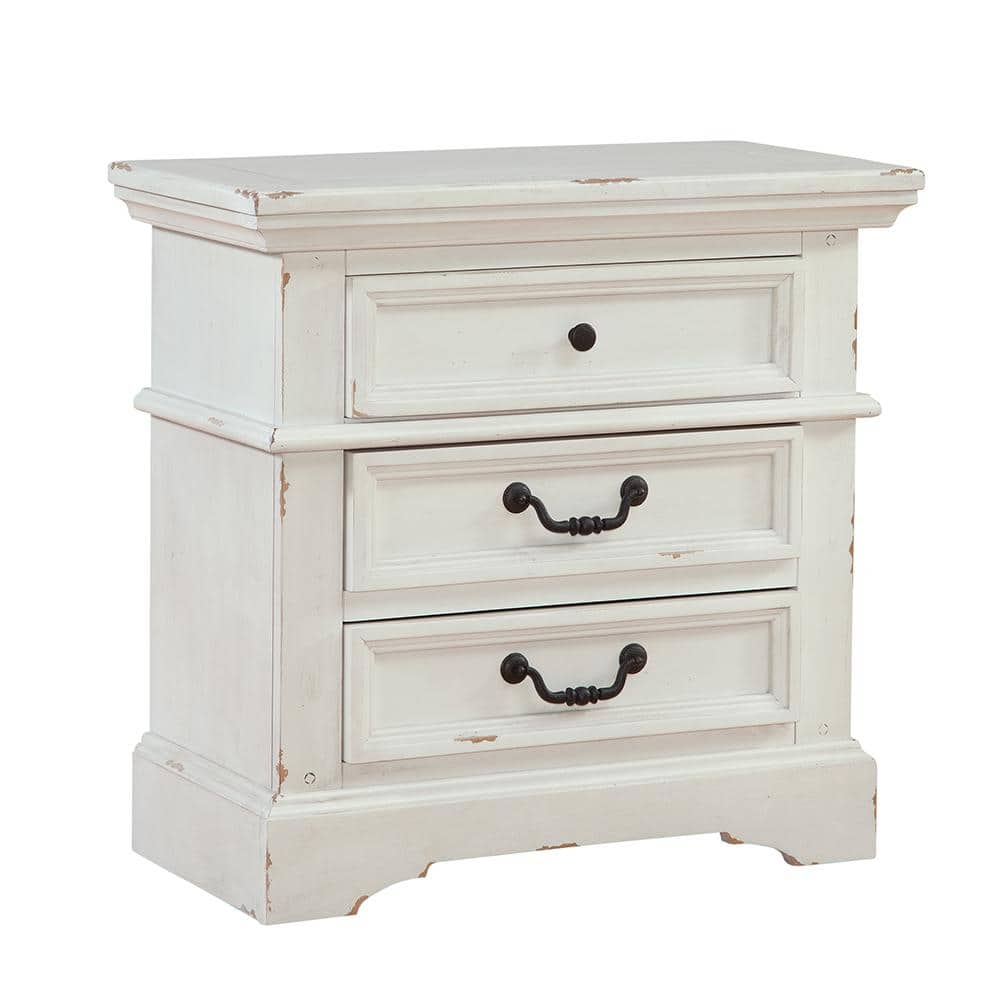 Stonebrook Antique White 3-Drawer Transitional Rustic Nightstand