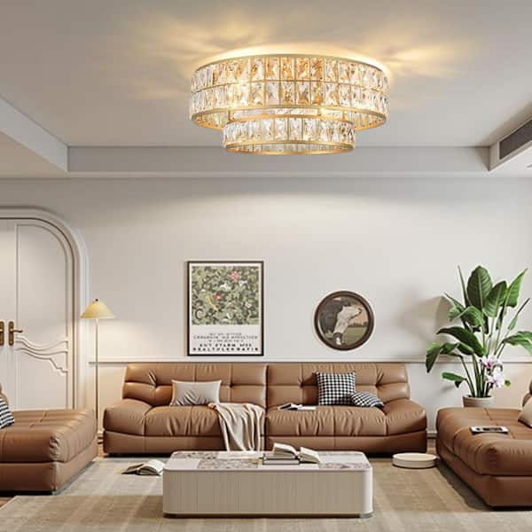 20" Gold Ceiling Fan with Lights and Remote Control, Indoor Crystal Fandelier, Caged Flush Mount Ceiling Fan for Bedroom