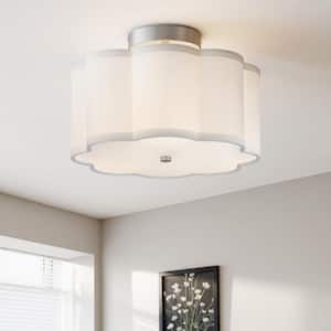 13 in. 3-Light Nickel LED Semi-Flush Mount Ceiling Light Fixture with Petal Shade Fabric Shade E26 Bases