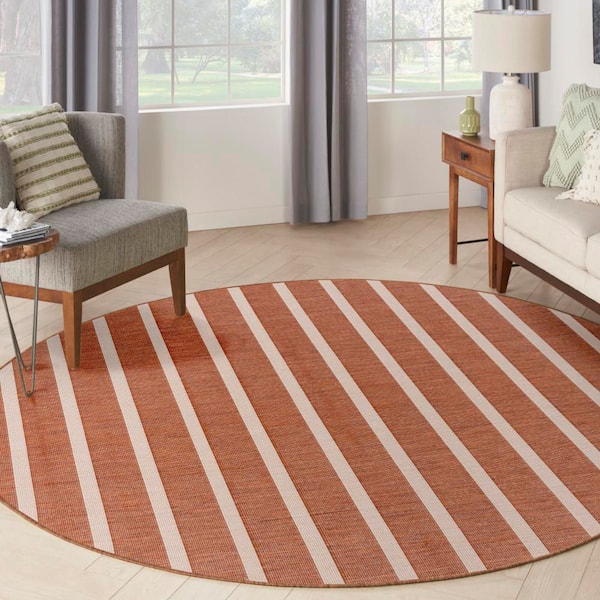 Positano Terracotta Ivory 8 ft. x 8 ft. Stripes Contemporary Round Area Rug