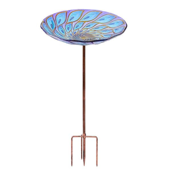 26 in. H x 11.4 in. Dia Purple Glass Birdbath with Metal Stake