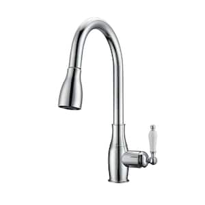 Cullen Single Handle Deck Mount Gooseneck Pull Down Spray Kitchen Faucet with Porcelain Handle in Polished Chrome