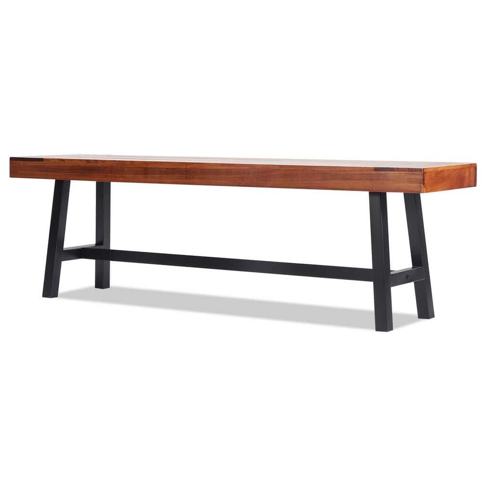 63-Inch Brown Wood and Black Metal Outdoor Bench