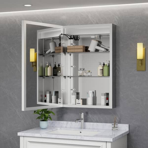 Eos 20 in. W x 28 in. H Rectangular Aluminum Surface/Recessed Medicine Cabinet with Mirror and Light, Left Hinge
