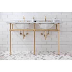 Embassy 60 in. Double Sink Carrara White Marble Countertop Washstand in Satin Gold PVD with P-Trap
