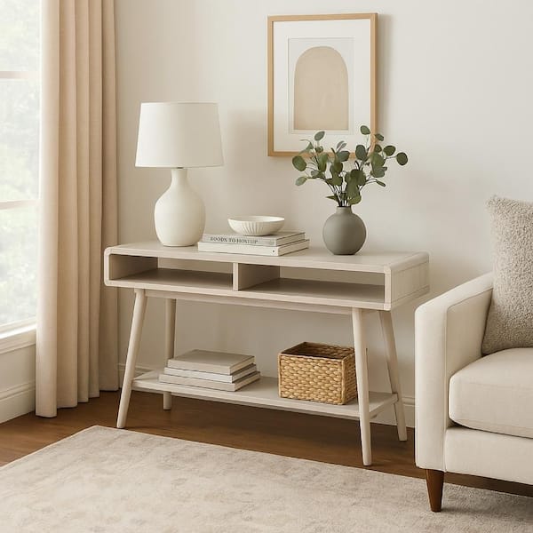 Camy 15 in. White Rectangle MDF Sofa Console Table with 2 Open Cubbies and 1 Lower Shelf