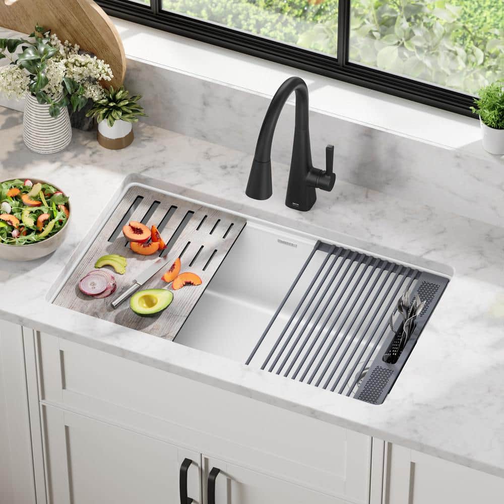 White Granite Composite Drop-in Workstation Kitchen Sink